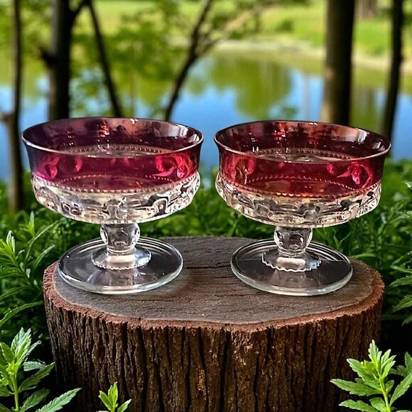 2 Kings Crown Thumbprint Sherbet Dishes Dish Set Ruby Red Flash Indiana Glass - Picture 15 of 16